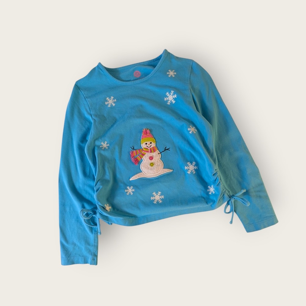 J Khaki Kids Blue Snowman Snowflake Long Sleeve Cinch Side Top Size 6